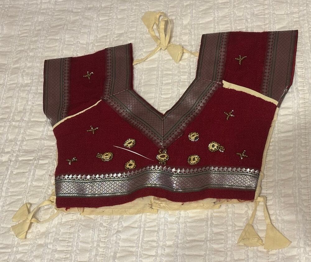 Vintage 1970s Indian Choli Blouse Shisha Mirror Work Zari Red Sari Top Boho